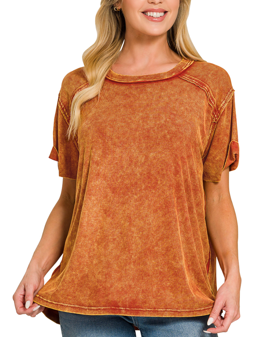 Zenana Washed Ribbed Boat-Neck Top - Rust