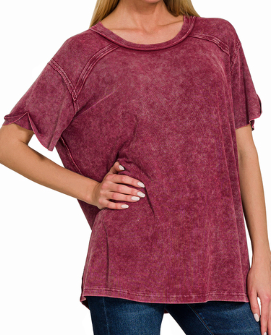 Zenana Washed Ribbed Boat-Neck Top - Cabernet