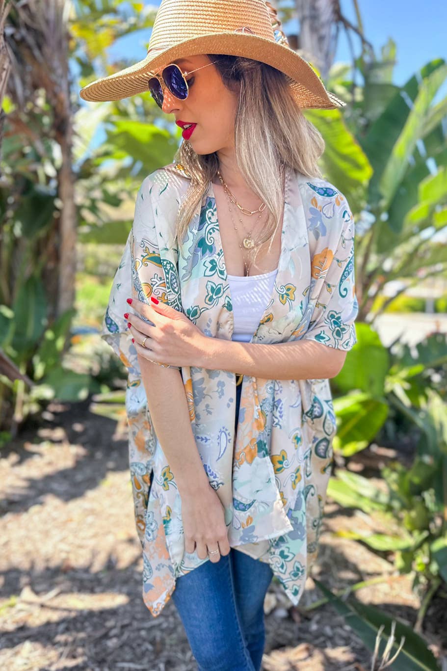 Beige Floral Printed Satin Kimono Cardigan Cover Up
