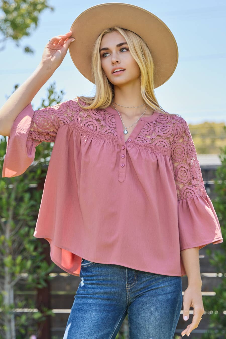 Solid Airflow Lace Trimed Bell Sleeve Blouse