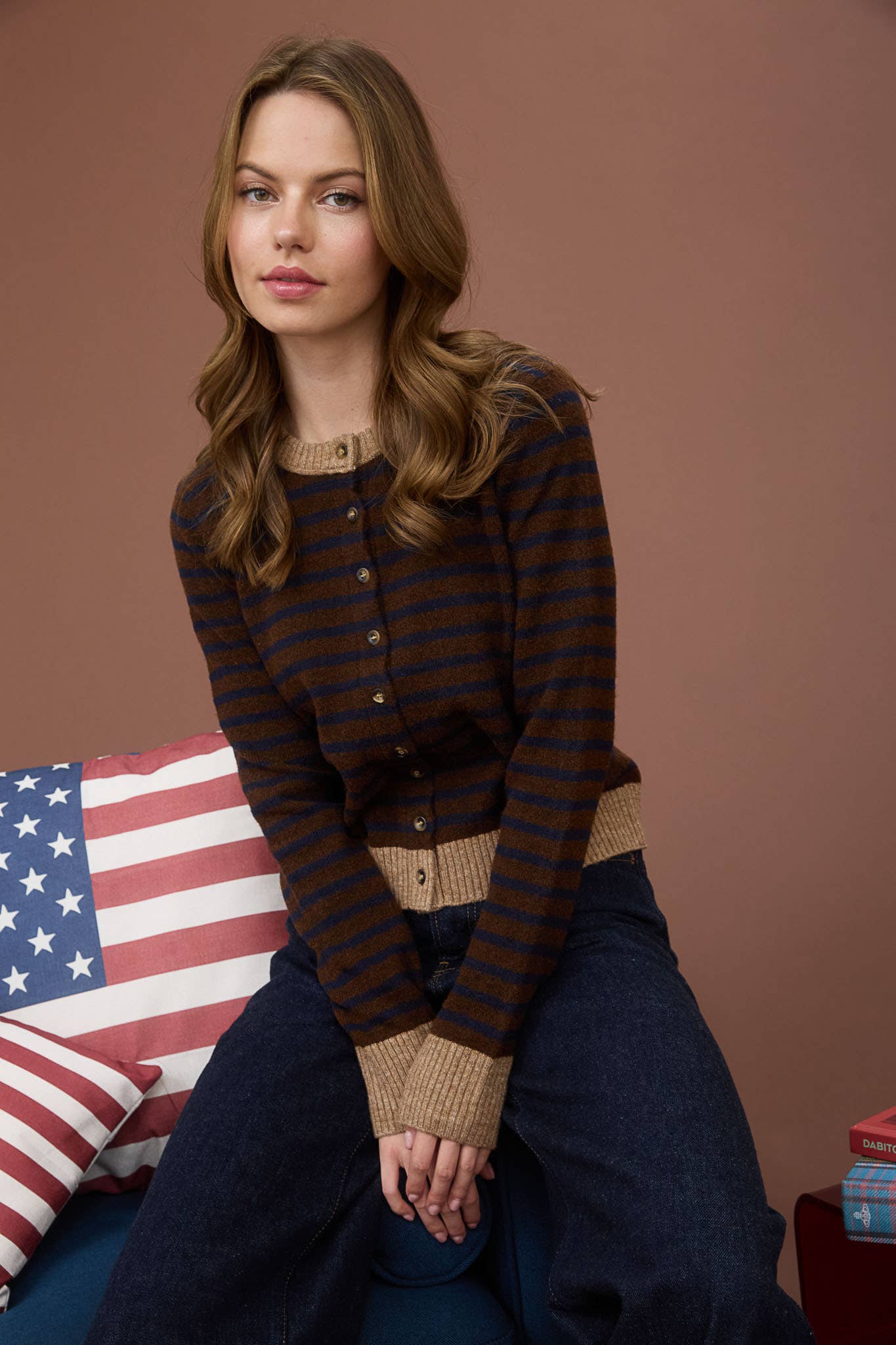 STRIPE COLORBLOCK TRIM BUTTON DOWN KNIT CARDIGAN