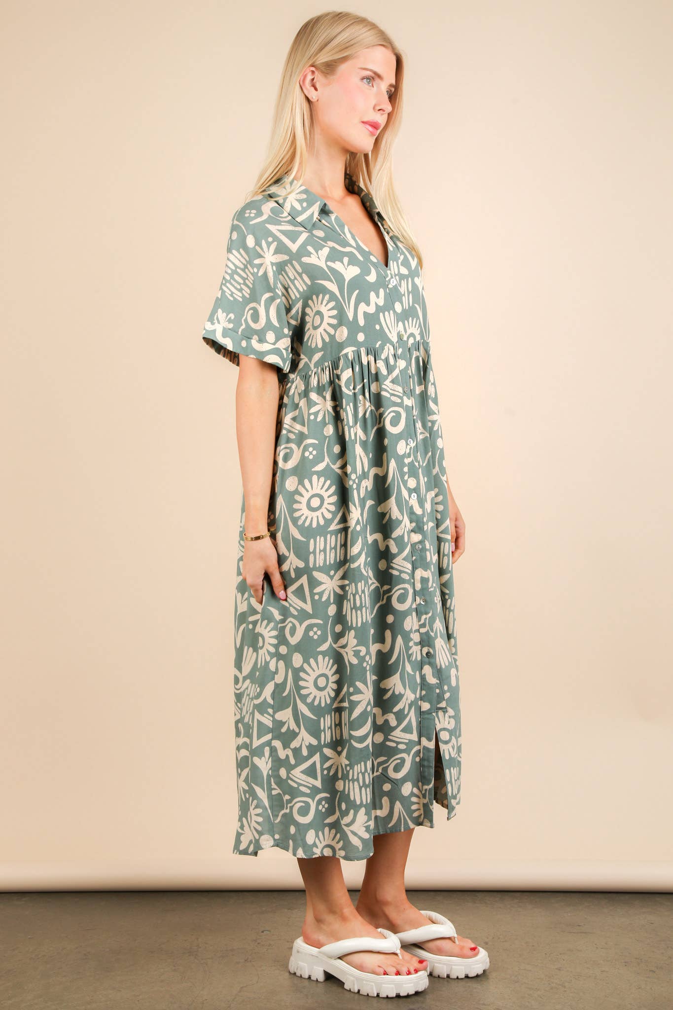 ND31583-Oversized Printed Shirt Midi Dress