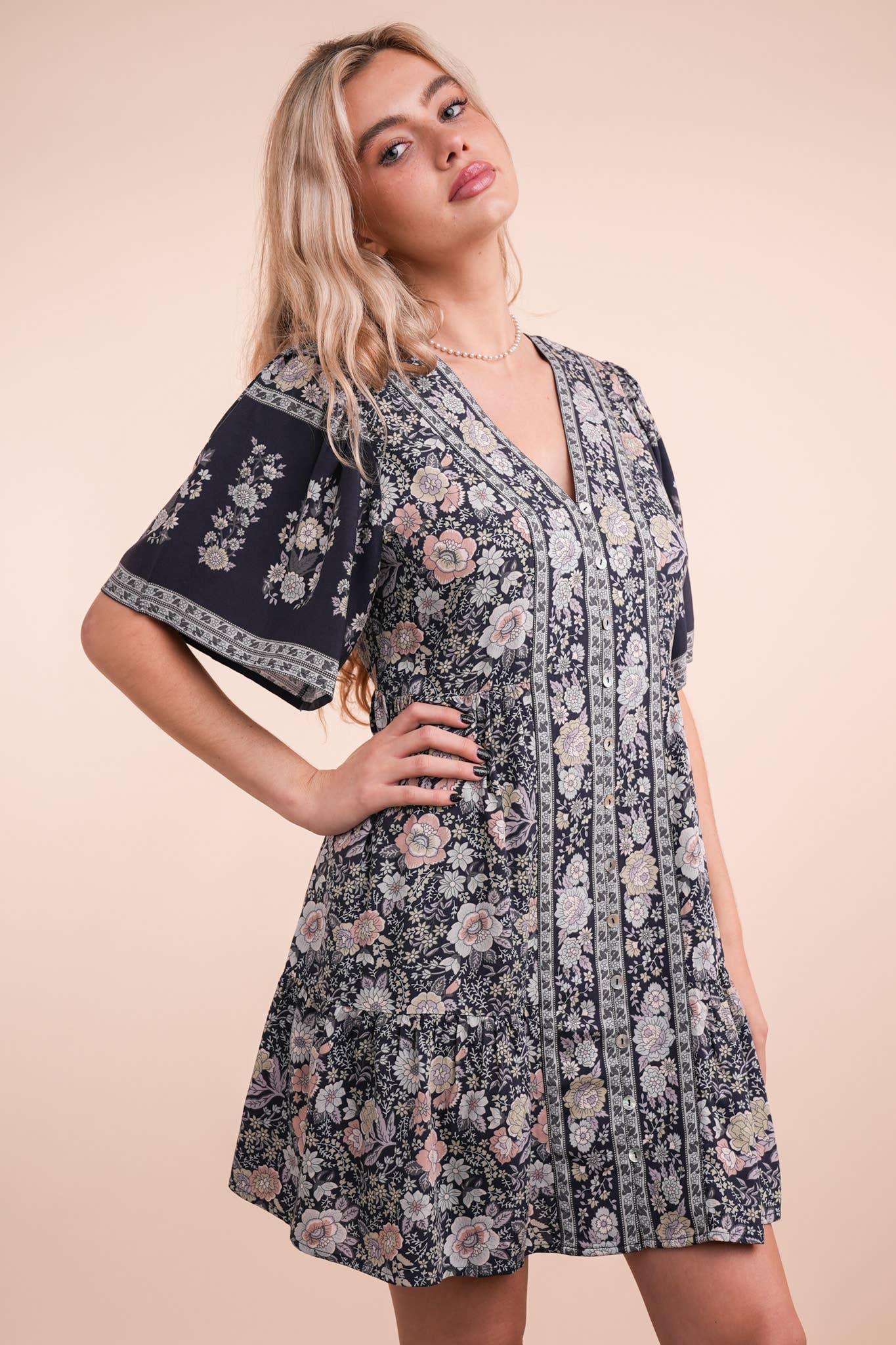 Shirring Detail Printed Woven Mini Dress