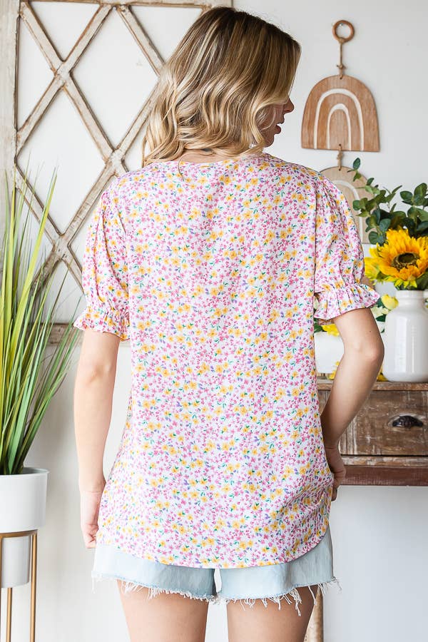 Tiny Flower Print V-Neck Ruffled Puff Sleeve Blouse T5051