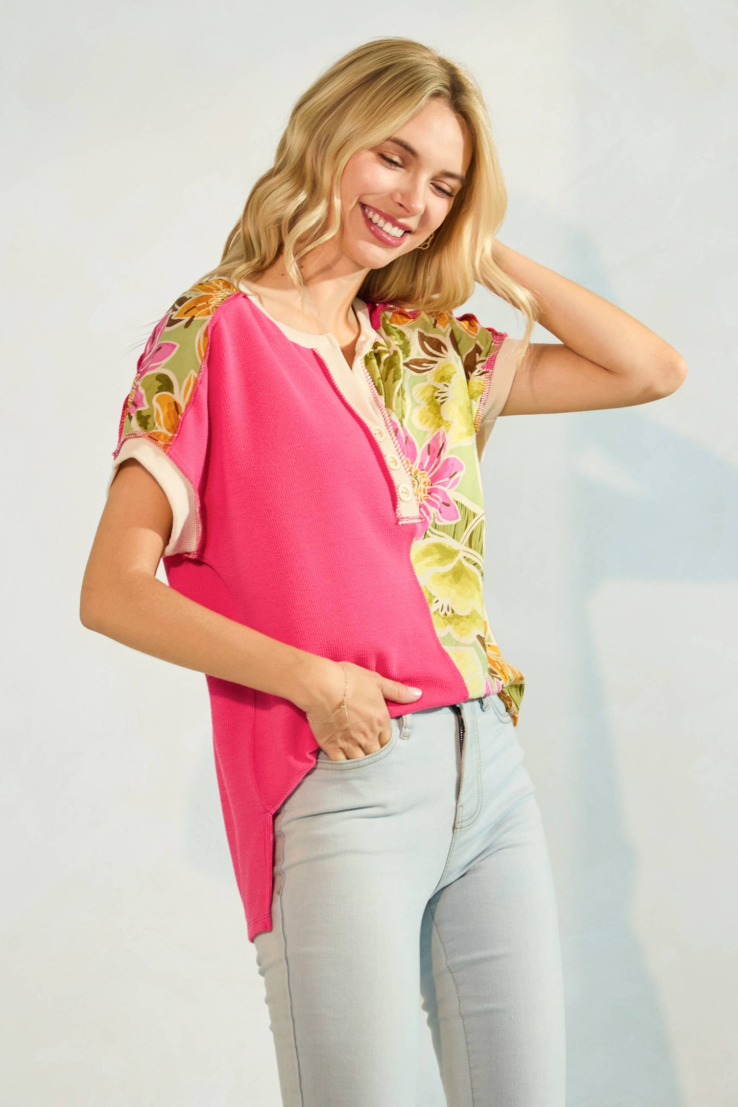 Floral Half Panel Button Short Sleeve Top T5963