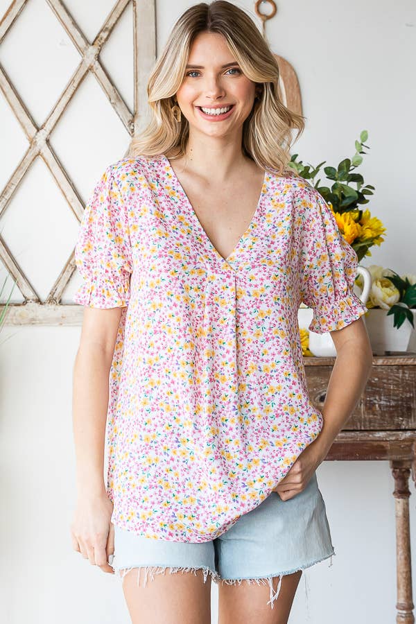 Tiny Flower Print V-Neck Ruffled Puff Sleeve Blouse T5051
