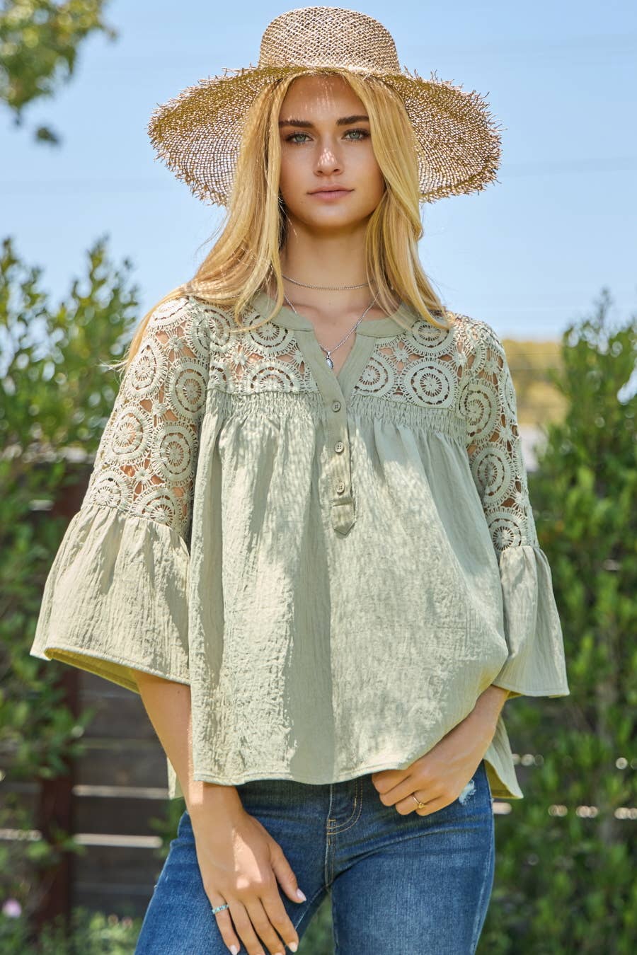 Solid Airflow Lace Trimed Bell Sleeve Blouse