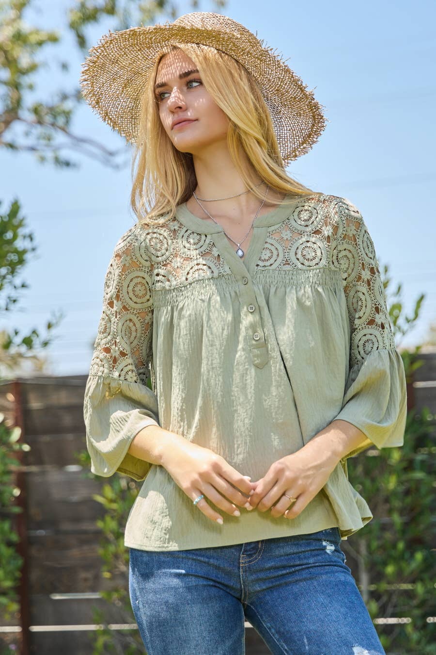 Solid Airflow Lace Trimed Bell Sleeve Blouse