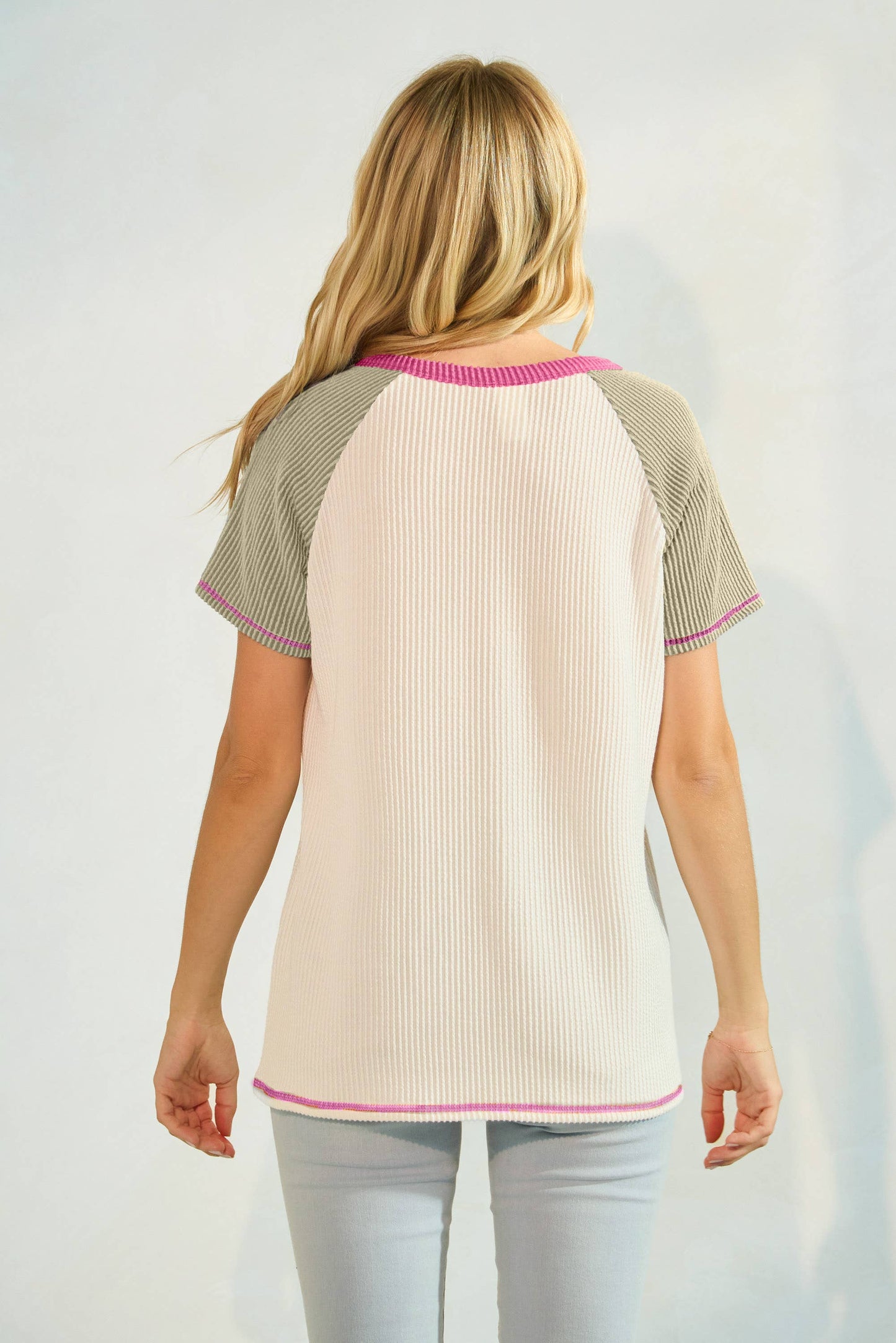 Color Block Button Front Raglan Short Sleeve Top T5954