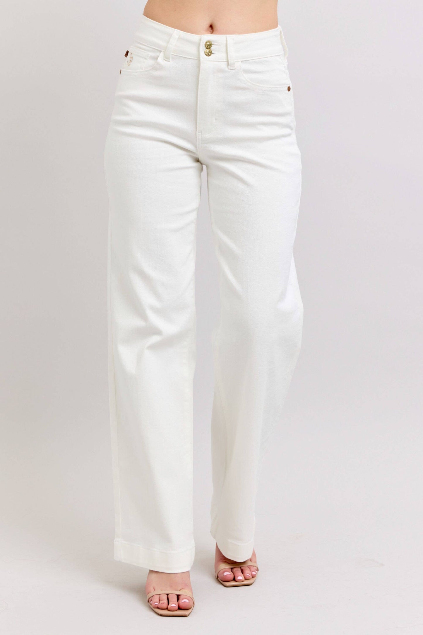High Waisted White Double Button Waist Band & Coin Pkt