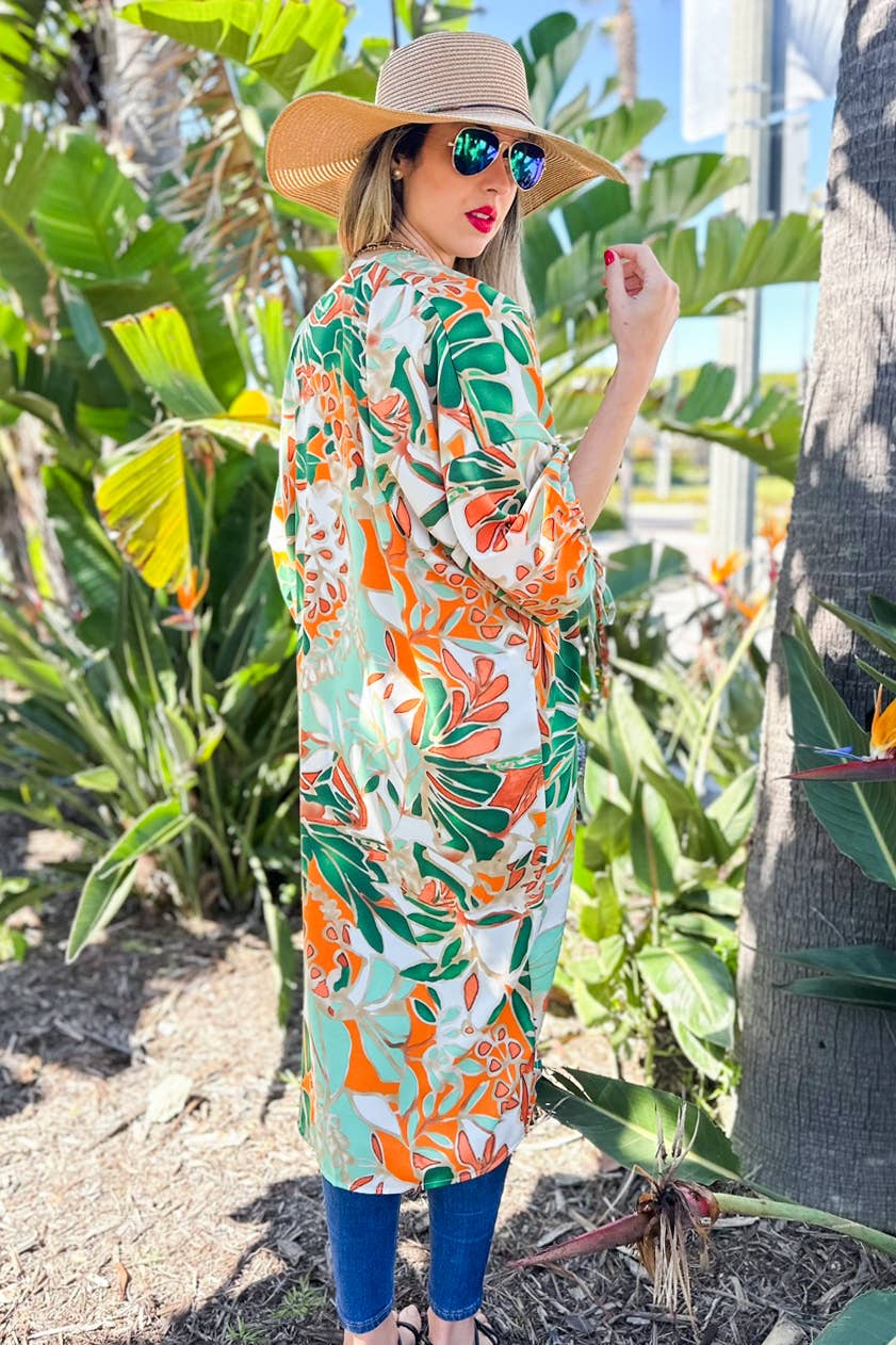 Green Multi Tropical Printed 3/4Tie Sleeve Satin Maxi Kimono