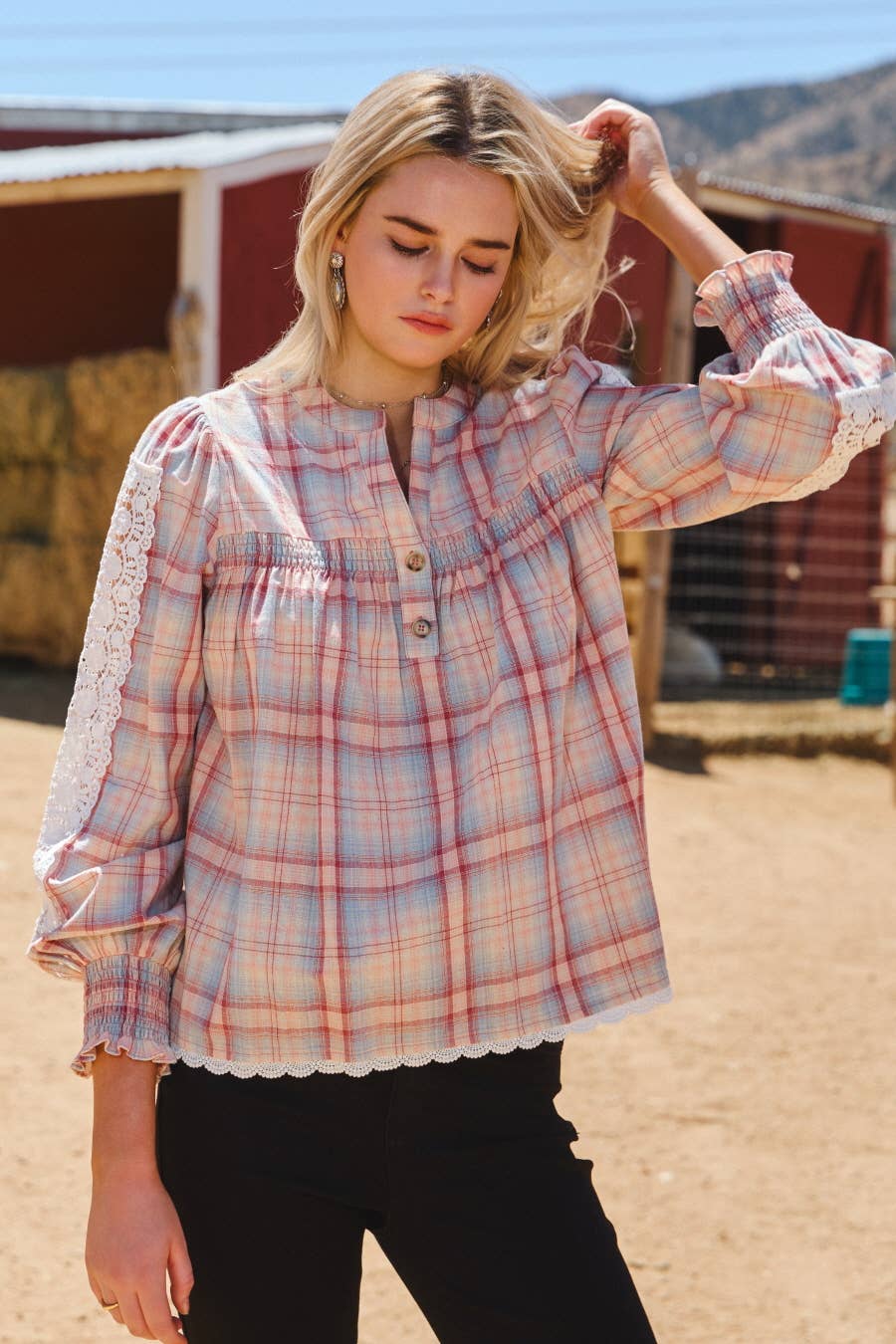 Lace& Plaid Combo Long Sleeve Blouse