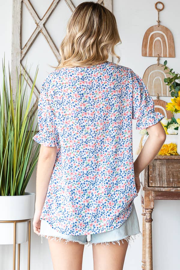 Tiny Flower Print V-Neck Ruffled Puff Sleeve Blouse T5051