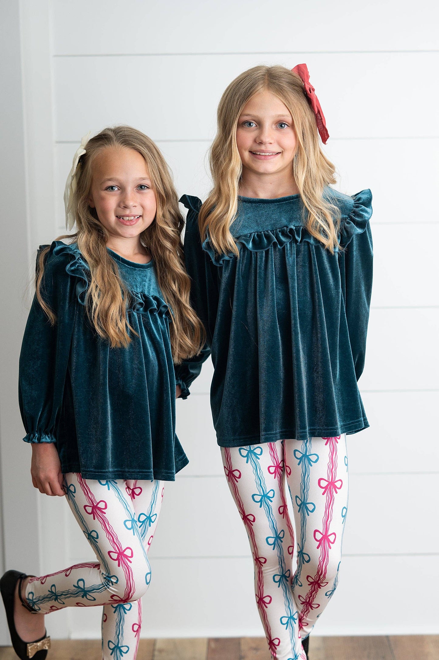 Girls Teal Velvet Coquette Bow Ruffle Fancy Pant Set