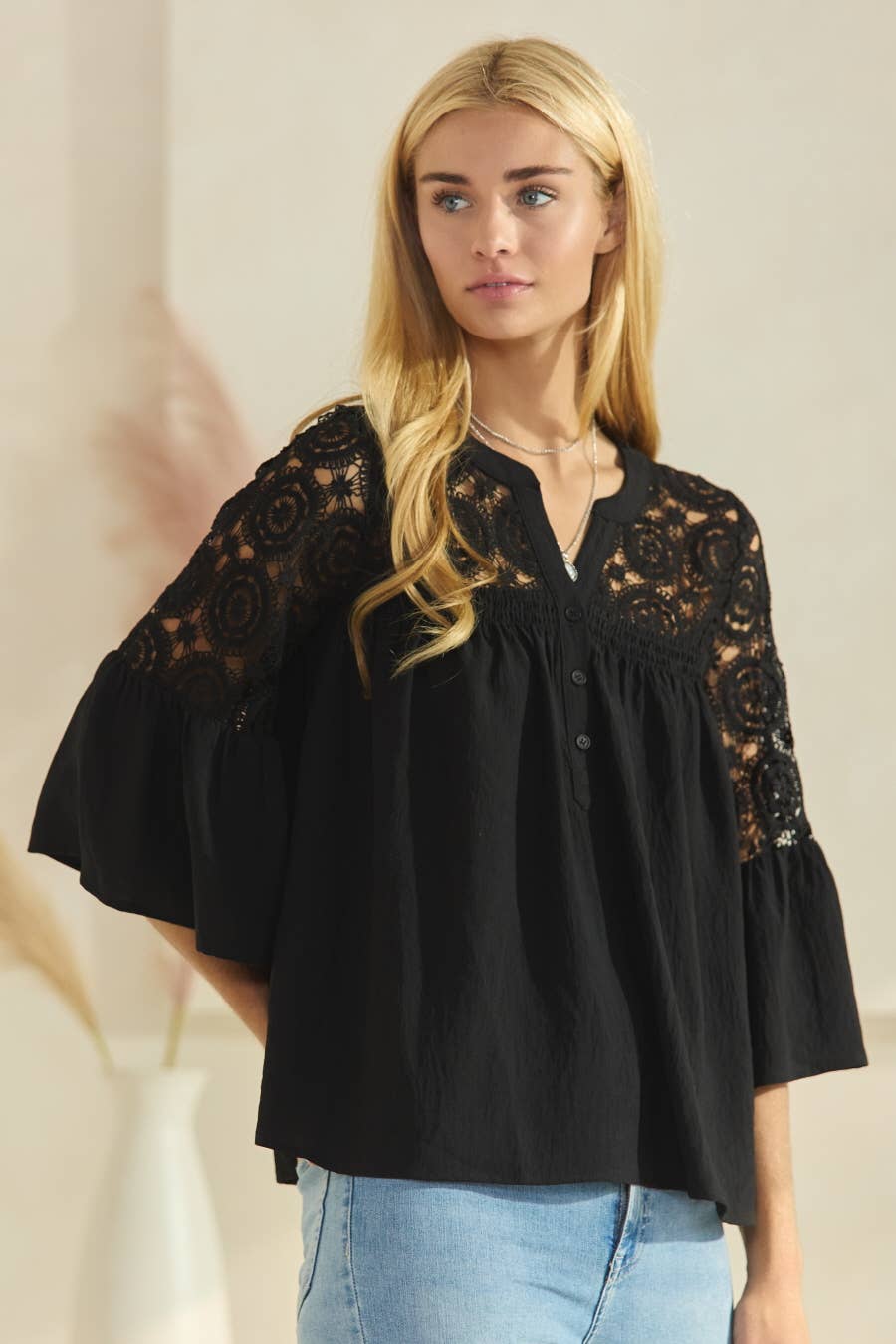 Solid Airflow Lace Trimed Bell Sleeve Blouse