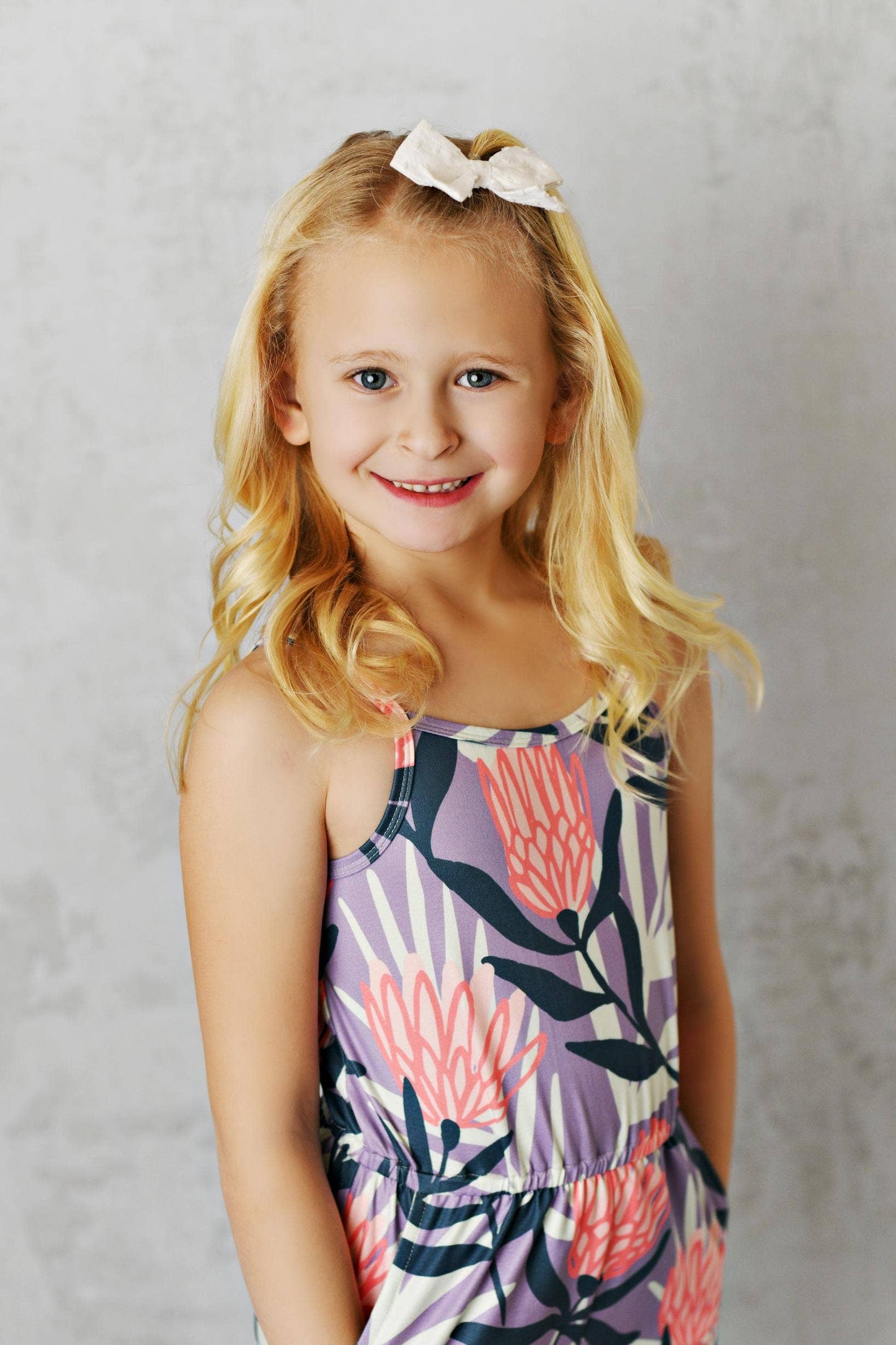 Kids Navy Lavender Floral Summer Jumpsuit With Pocket