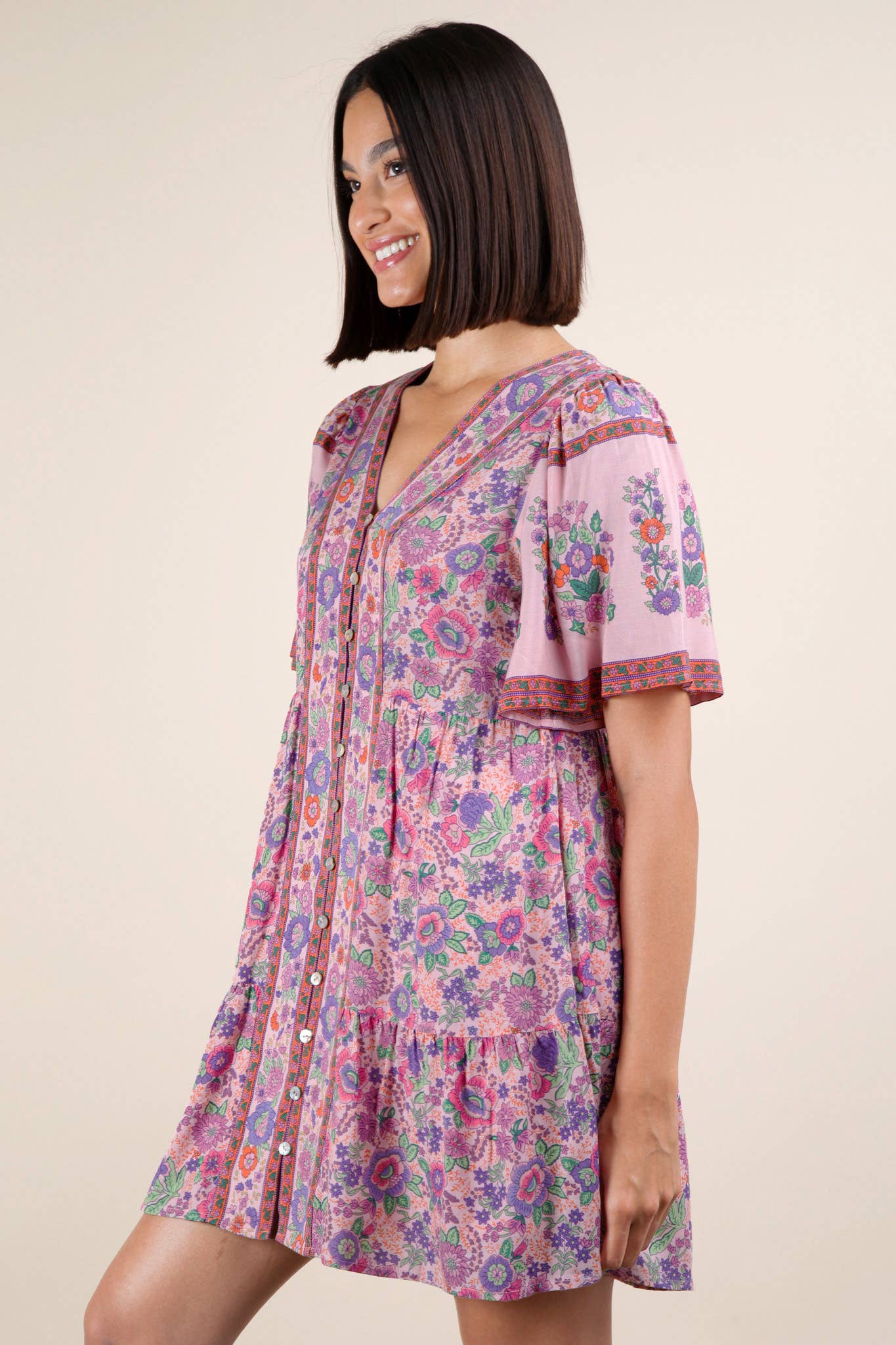 Shirring Detail Printed Woven Mini Dress