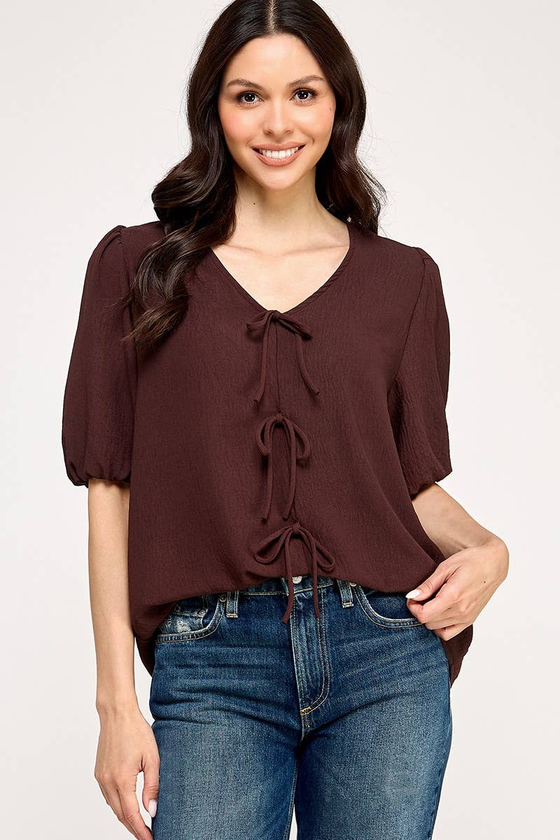 Solid Tie Front Blouse
