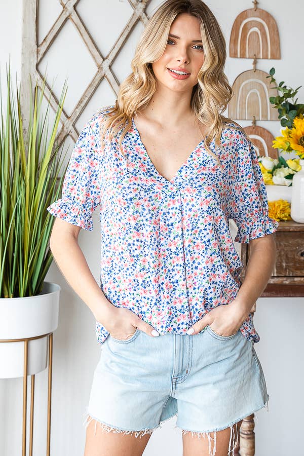Tiny Flower Print V-Neck Ruffled Puff Sleeve Blouse T5051
