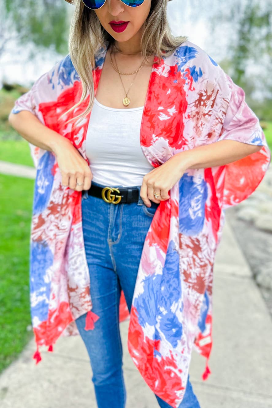 Coral Multi Tie Dye Printed Kimono Cover Up With Tassel