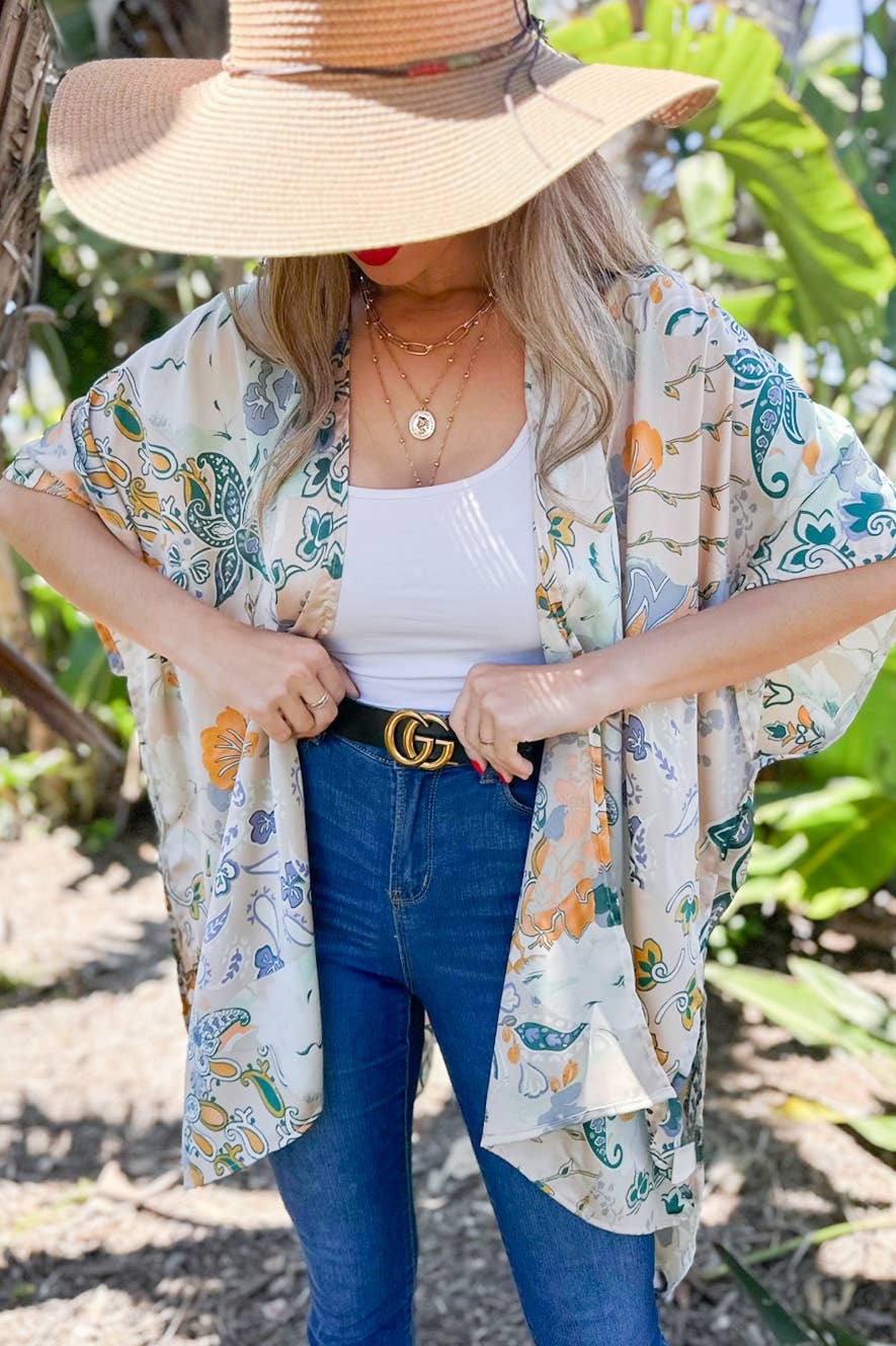 Beige Floral Printed Satin Kimono Cardigan Cover Up