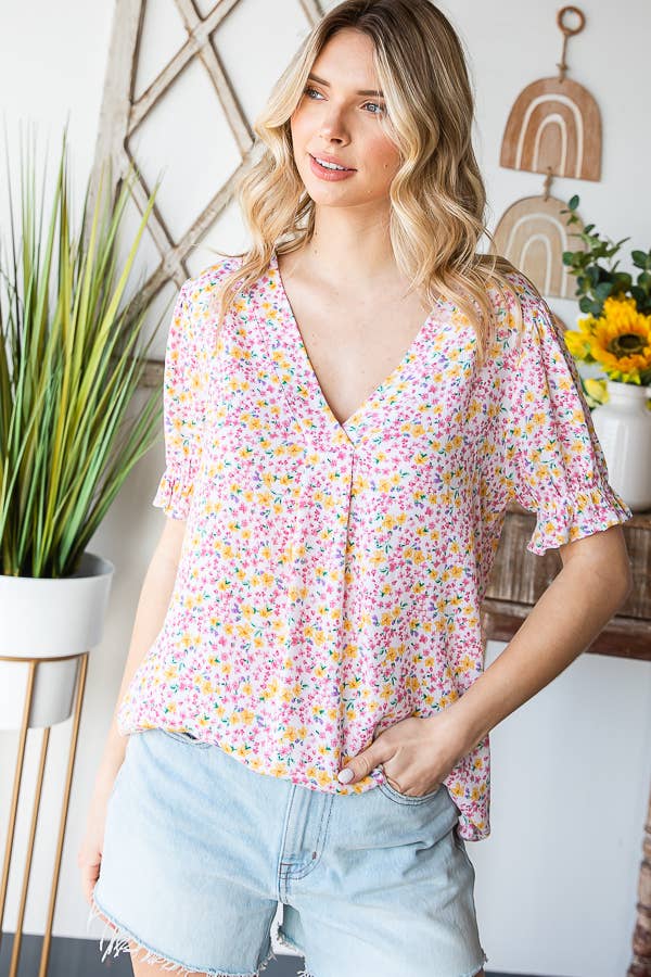 Tiny Flower Print V-Neck Ruffled Puff Sleeve Blouse T5051