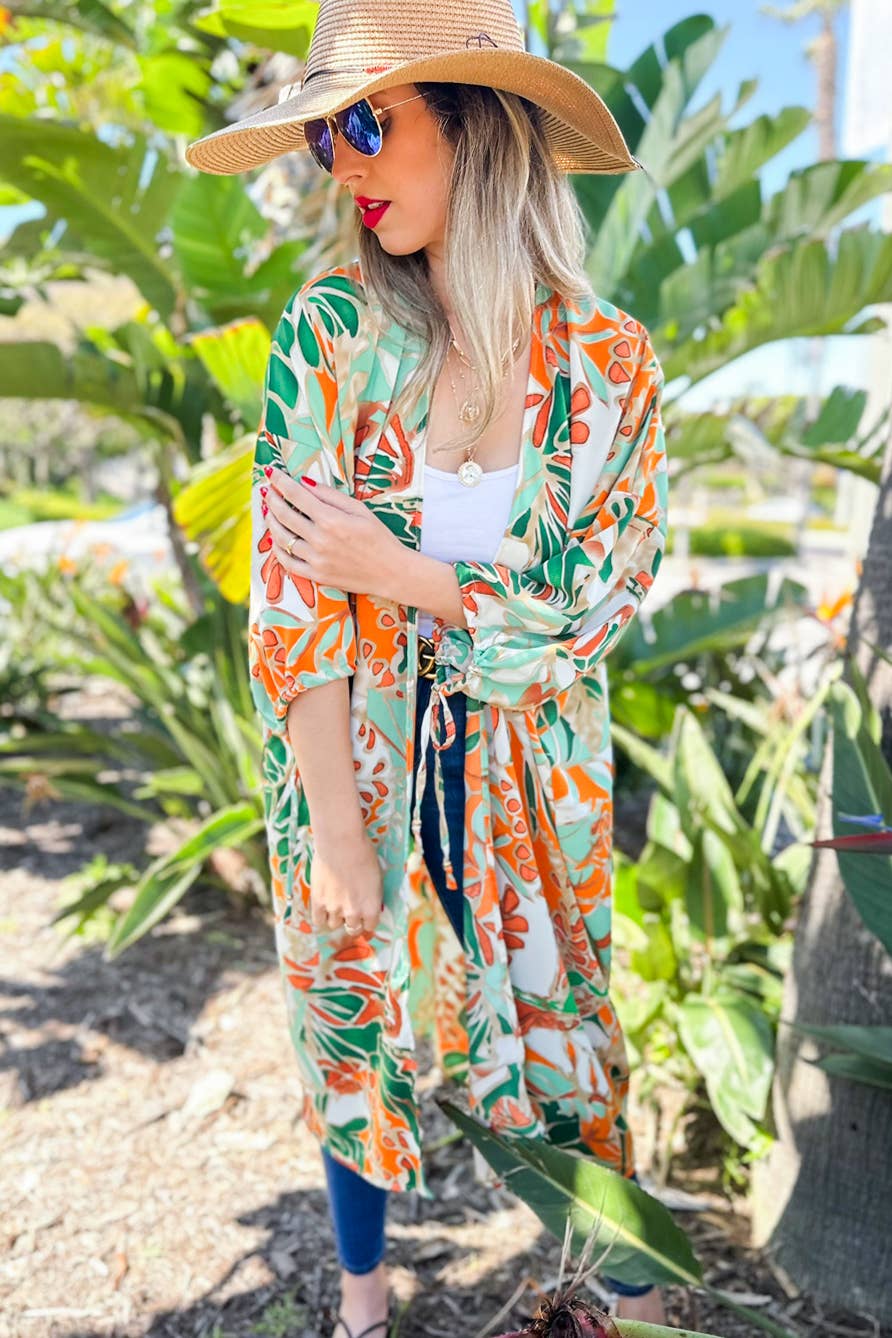 Green Multi Tropical Printed 3/4Tie Sleeve Satin Maxi Kimono