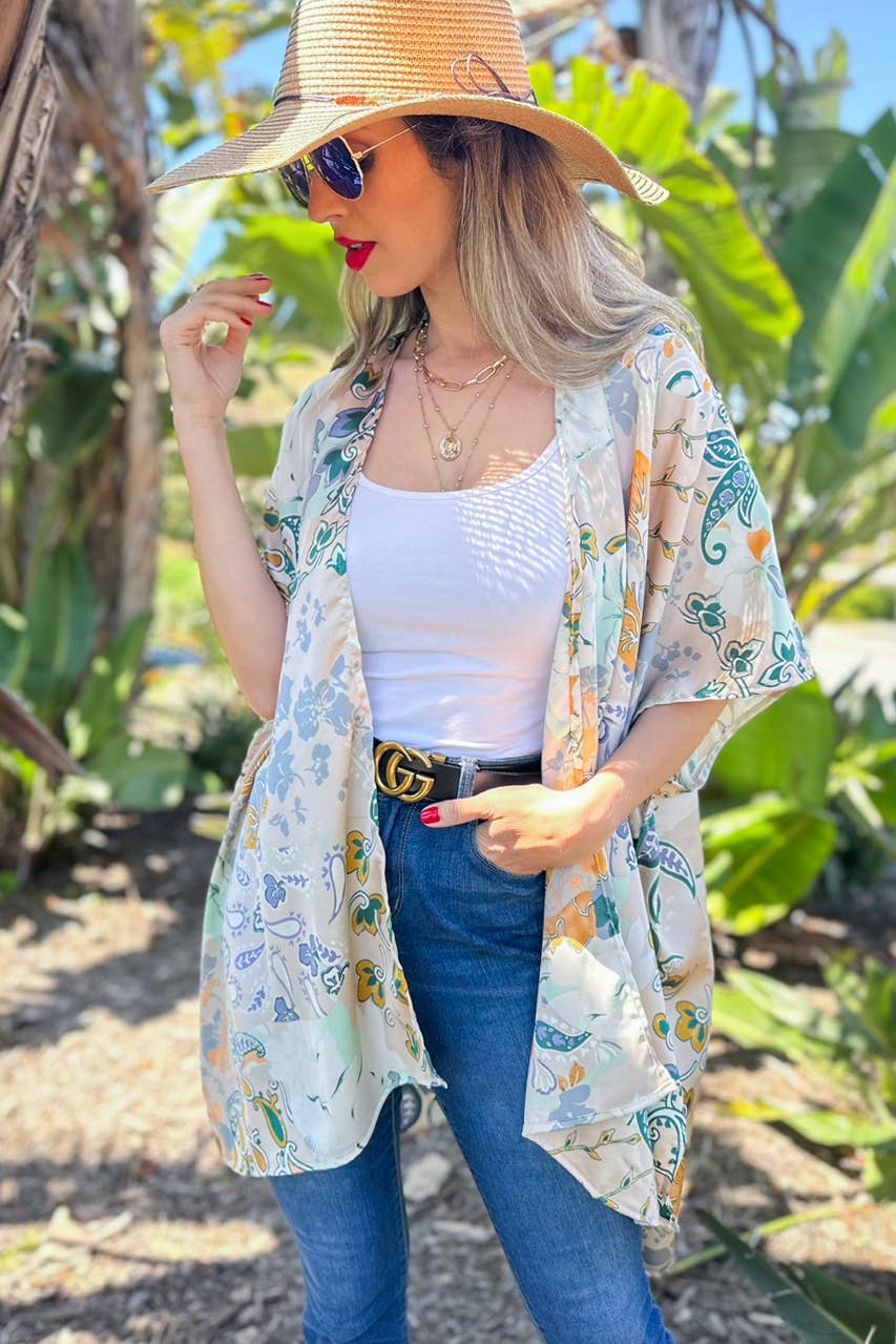 Beige Floral Printed Satin Kimono Cardigan Cover Up