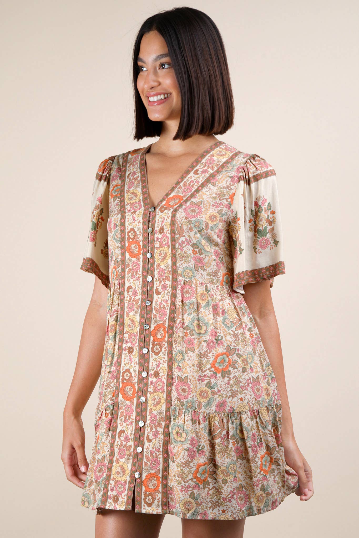 Shirring Detail Printed Woven Mini Dress
