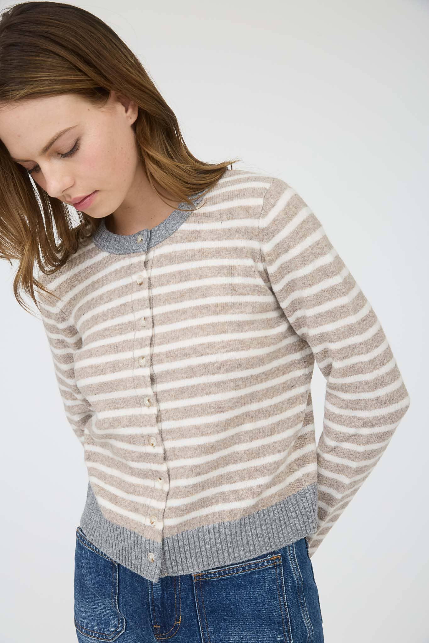 STRIPE COLORBLOCK TRIM BUTTON DOWN KNIT CARDIGAN