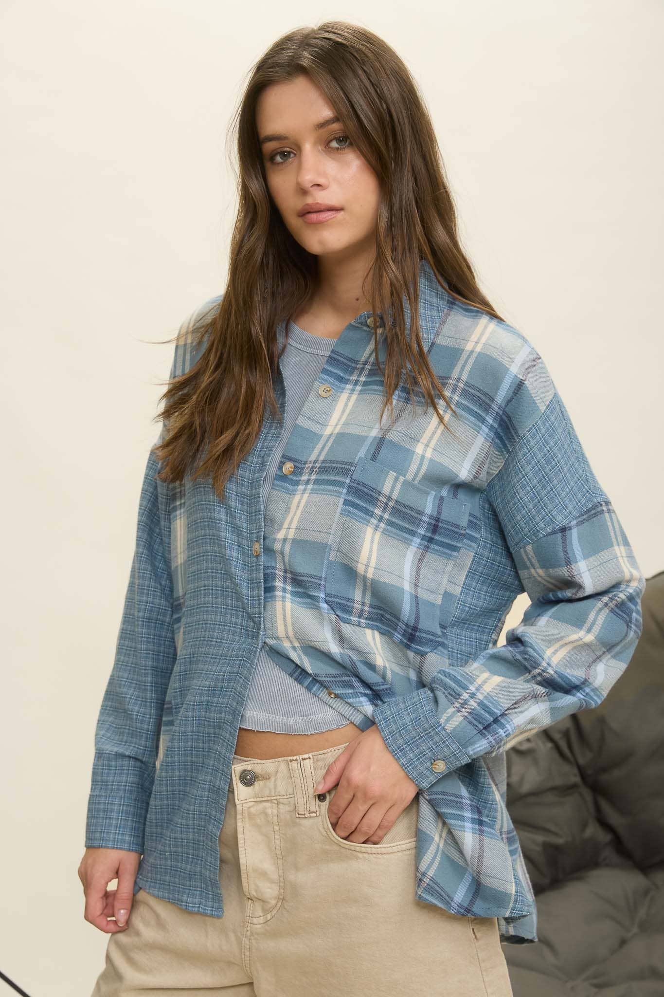 COLORBLOCK PLAID LONG SLEEVE BUTTON DOWN SHIRT