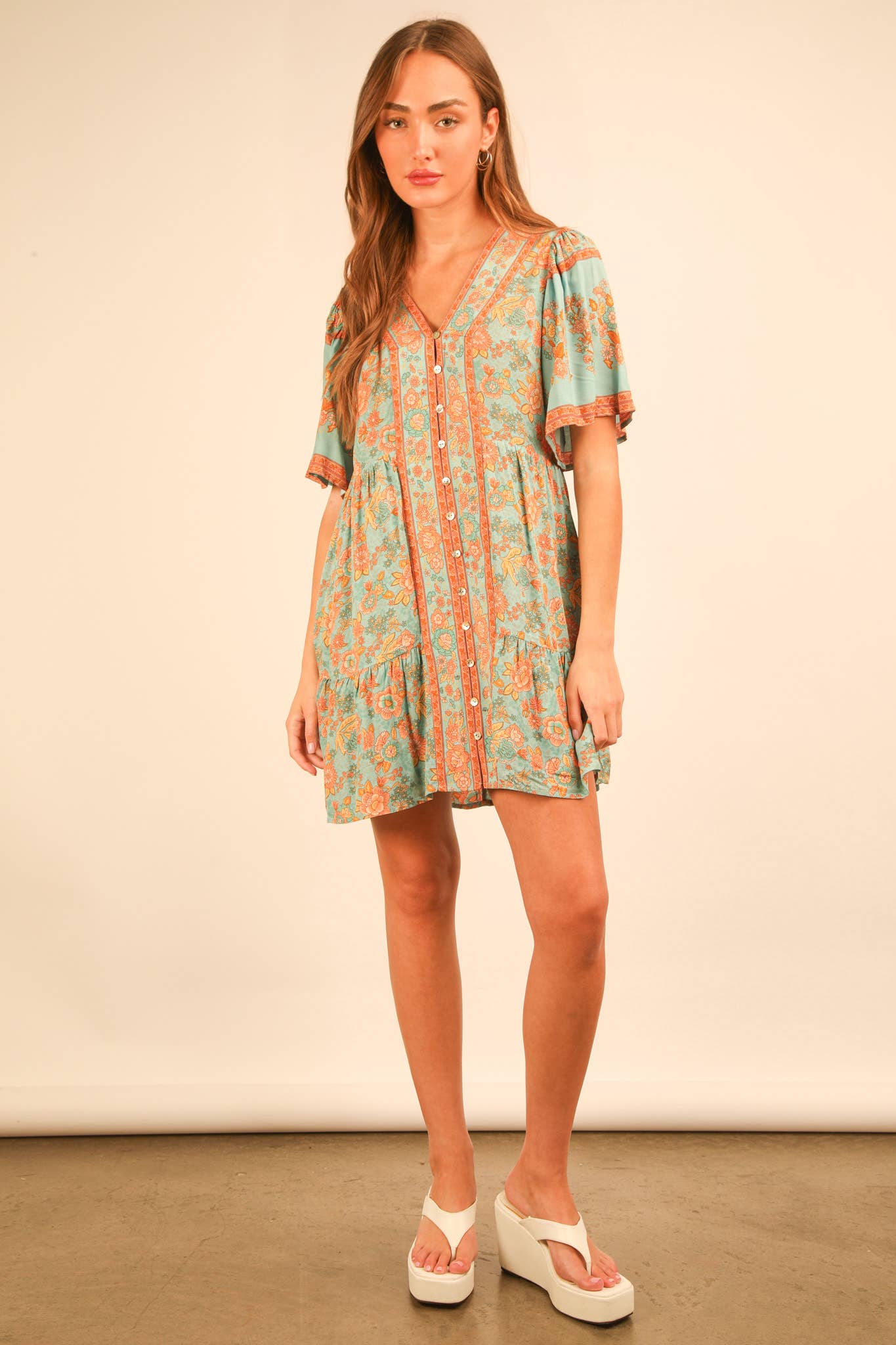 Shirring Detail Printed Woven Mini Dress