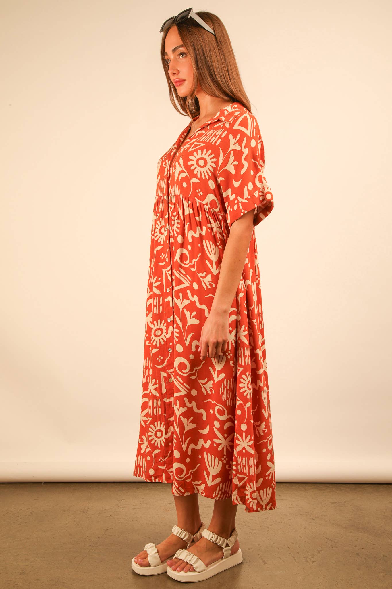 ND31583-Oversized Printed Shirt Midi Dress