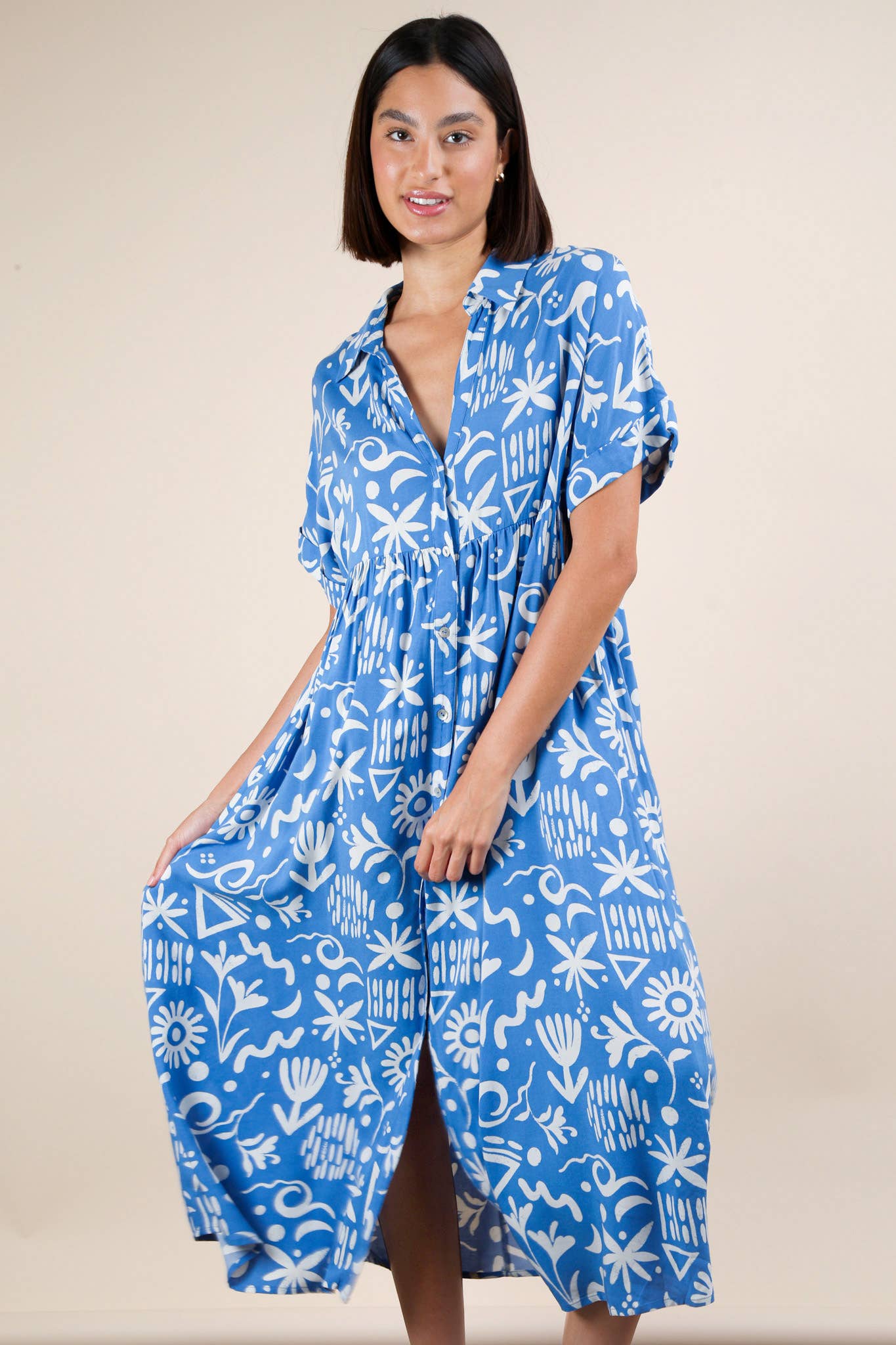 ND31583-Oversized Printed Shirt Midi Dress