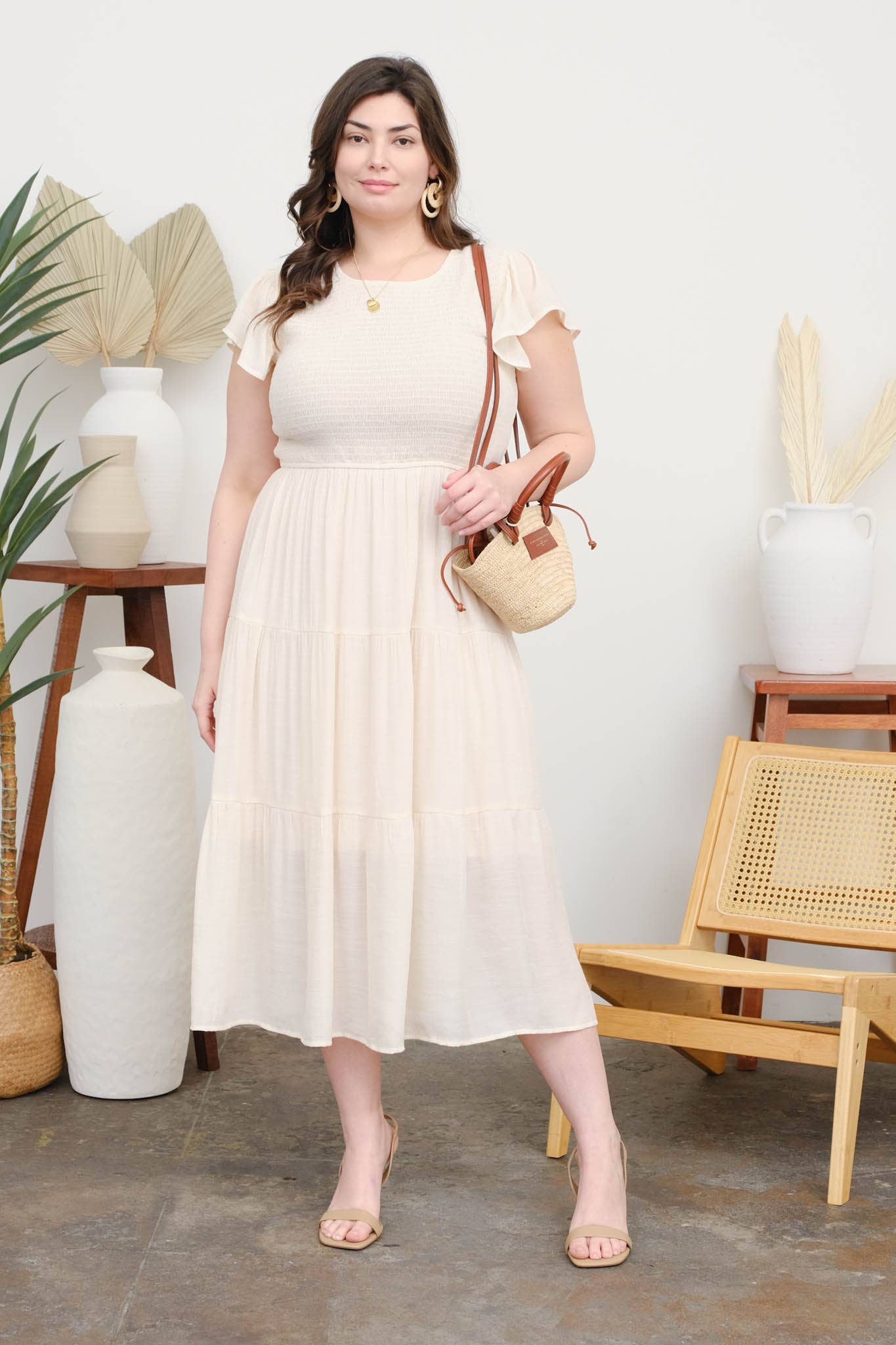 PLUS SMOCKED TIERED MIDI DRESS
