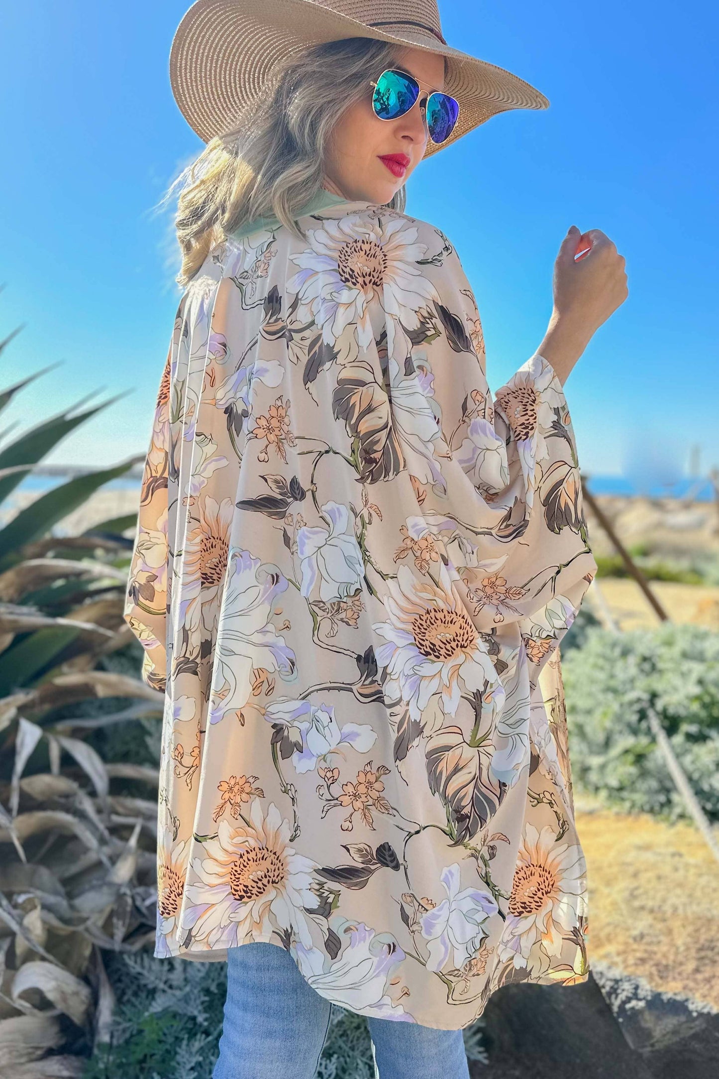 Elegance Nude Floral Printed Kimono Cardigan Cover UP