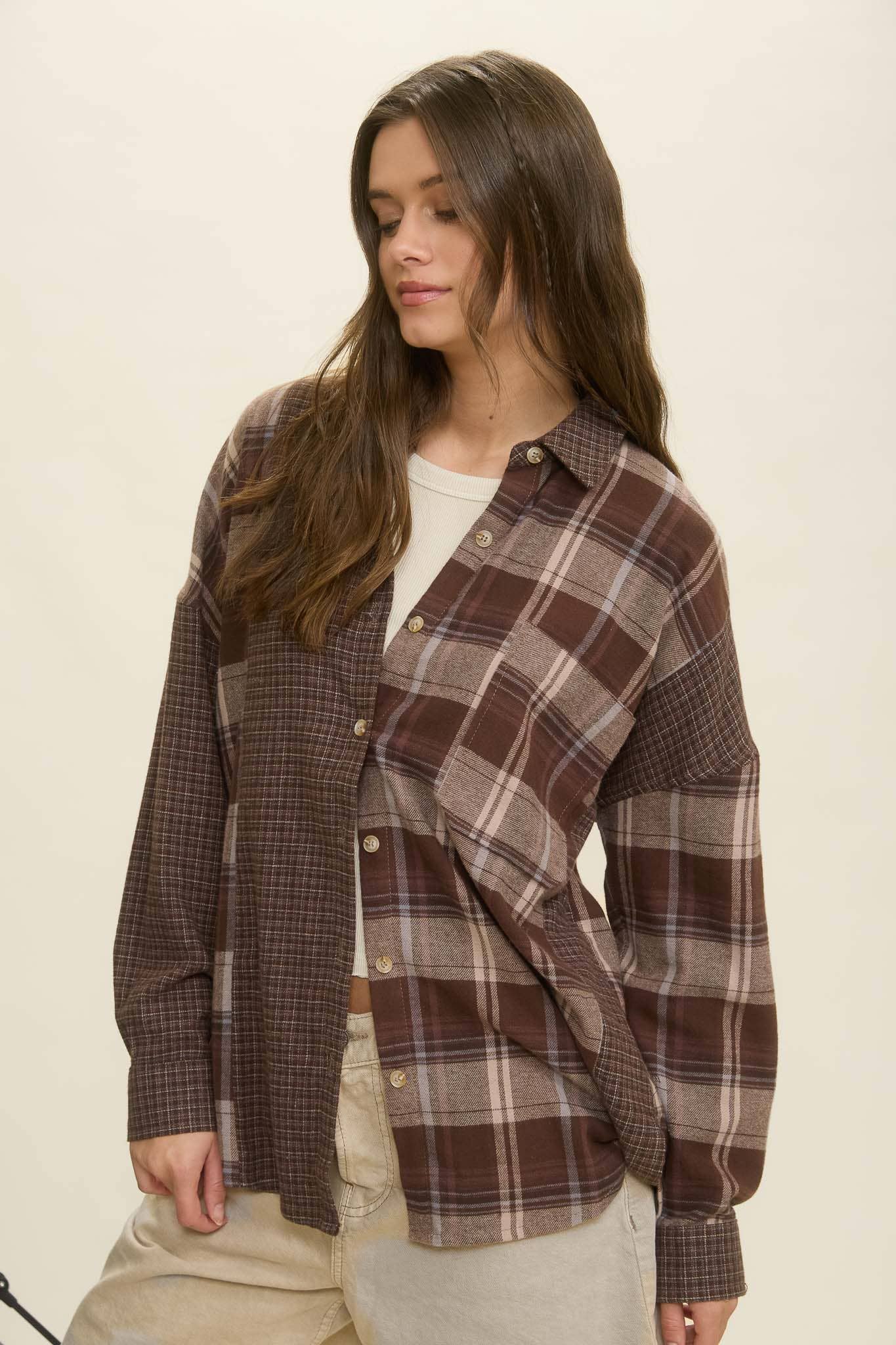 COLORBLOCK PLAID LONG SLEEVE BUTTON DOWN SHIRT