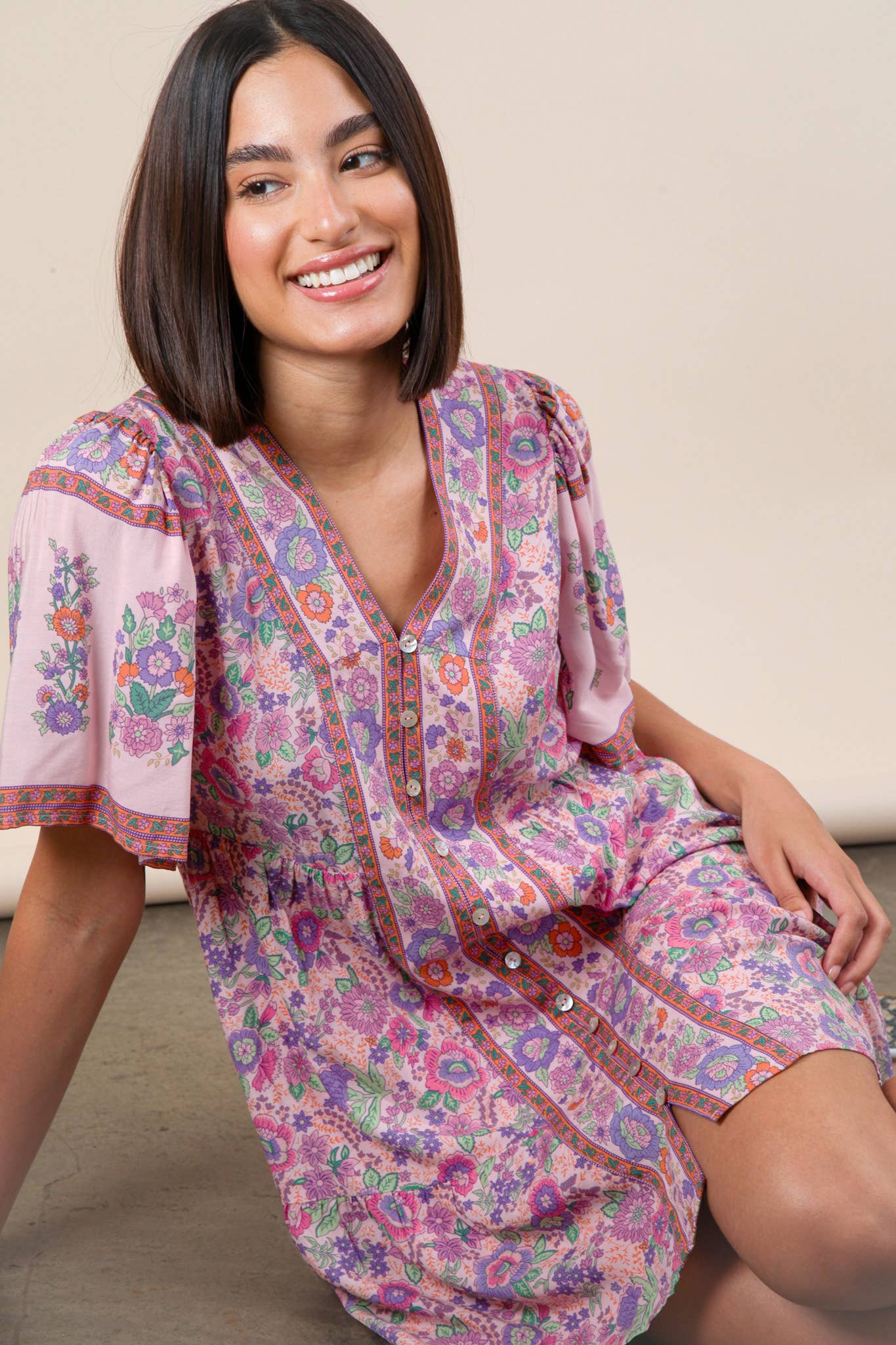 Shirring Detail Printed Woven Mini Dress