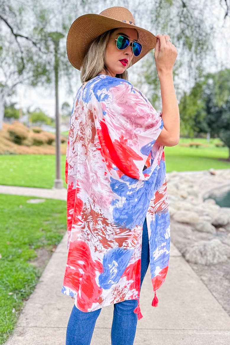 Coral Multi Tie Dye Printed Kimono Cover Up With Tassel
