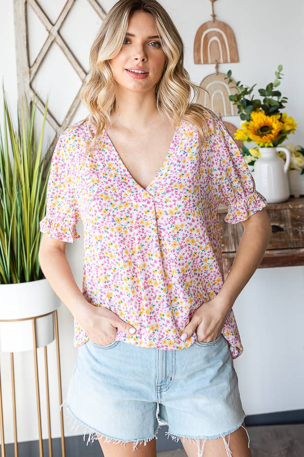 Tiny Flower Print V-Neck Ruffled Puff Sleeve Blouse T5051