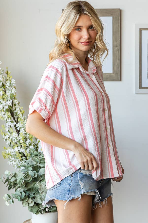 Stripe Button Down Cuff Short Sleeve Blouse