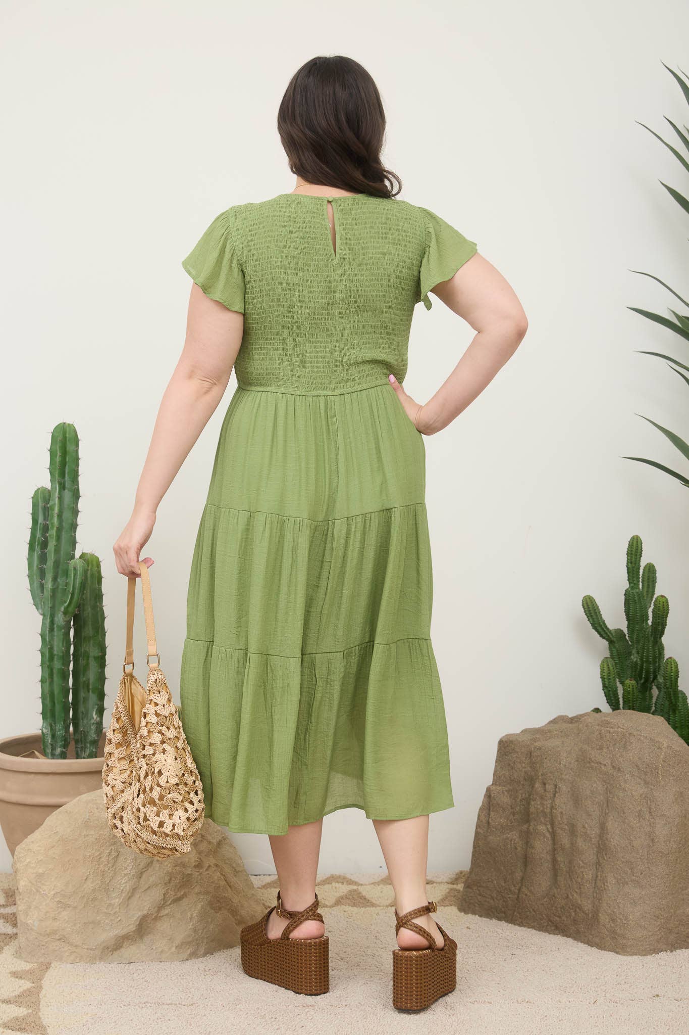 PLUS SMOCKED TIERED MIDI DRESS