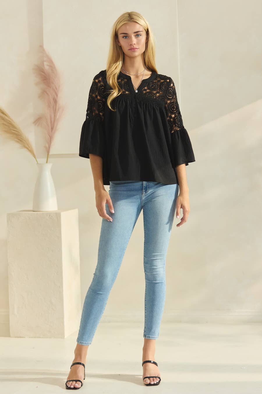 Solid Airflow Lace Trimed Bell Sleeve Blouse