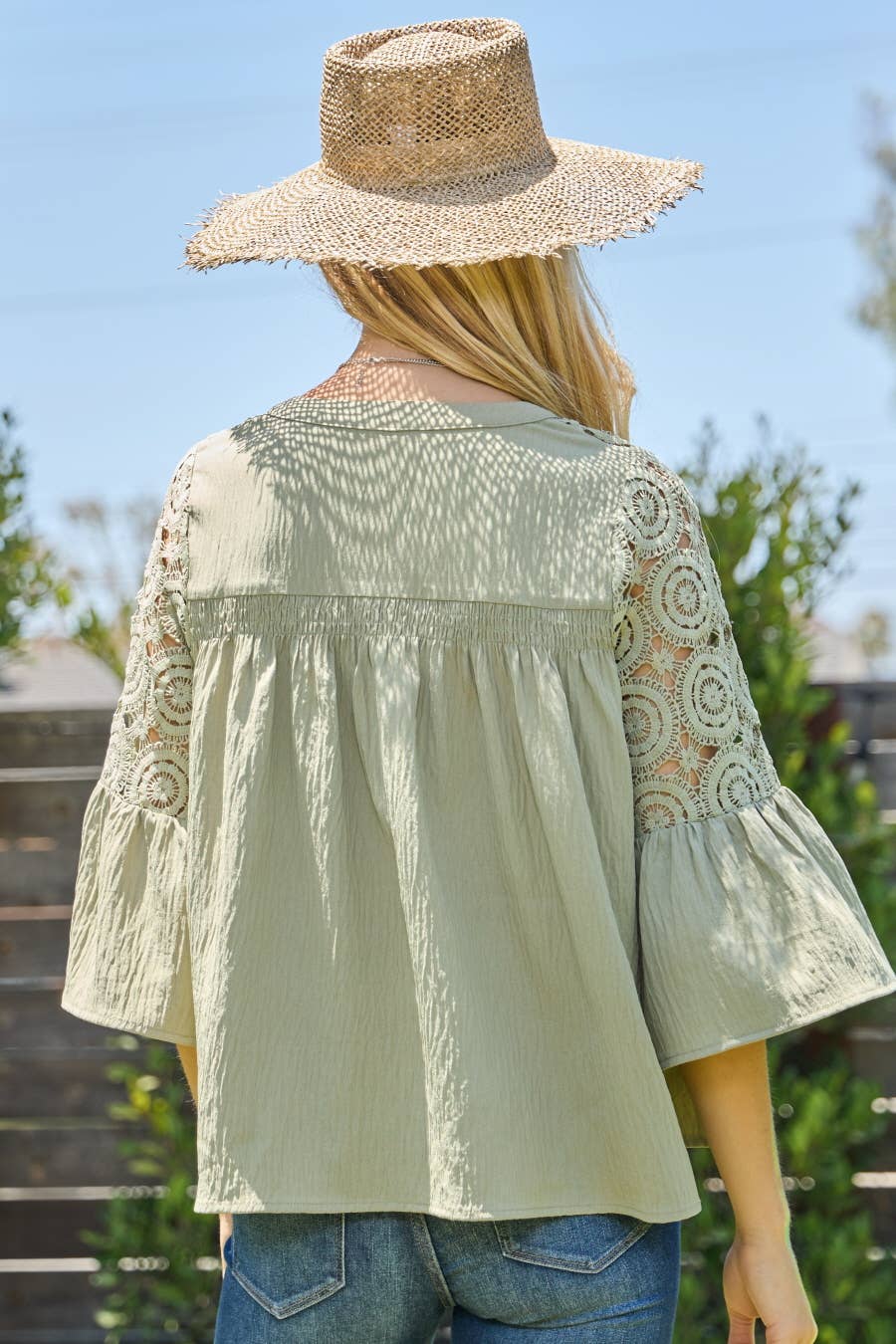 Solid Airflow Lace Trimed Bell Sleeve Blouse