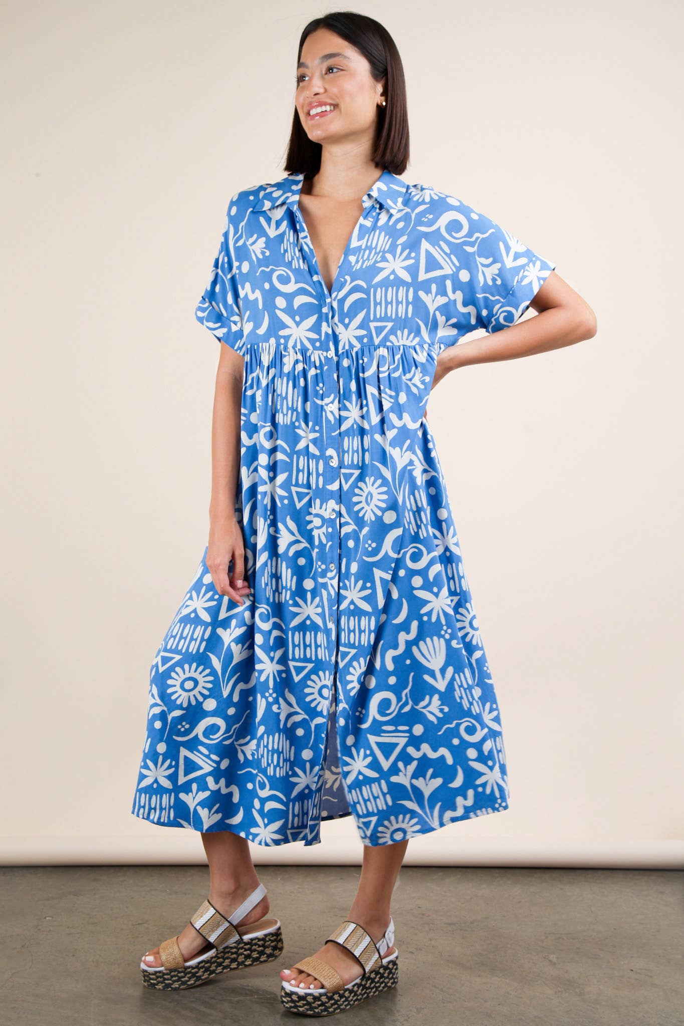 ND31583-Oversized Printed Shirt Midi Dress