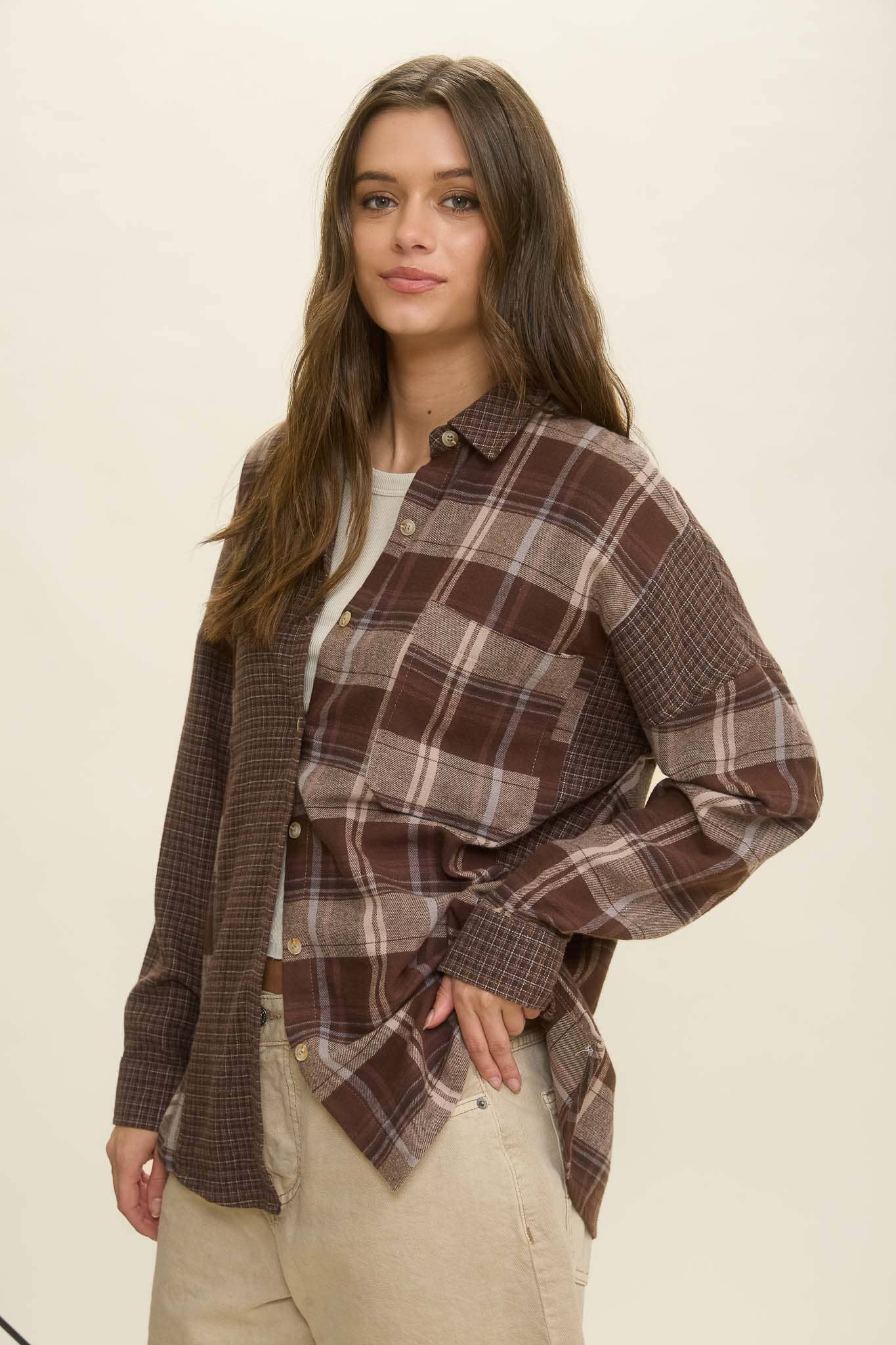 COLORBLOCK PLAID LONG SLEEVE BUTTON DOWN SHIRT