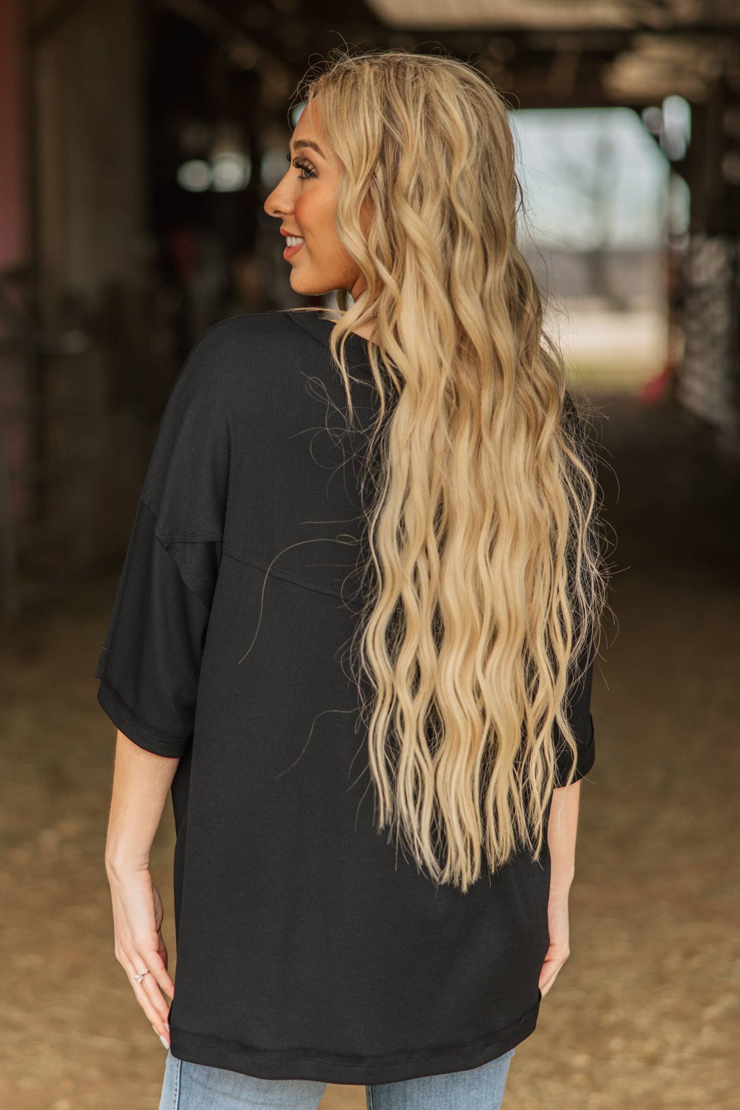 Ribbed Relaxed Boyfriend Shirt w/ Pocket Detail