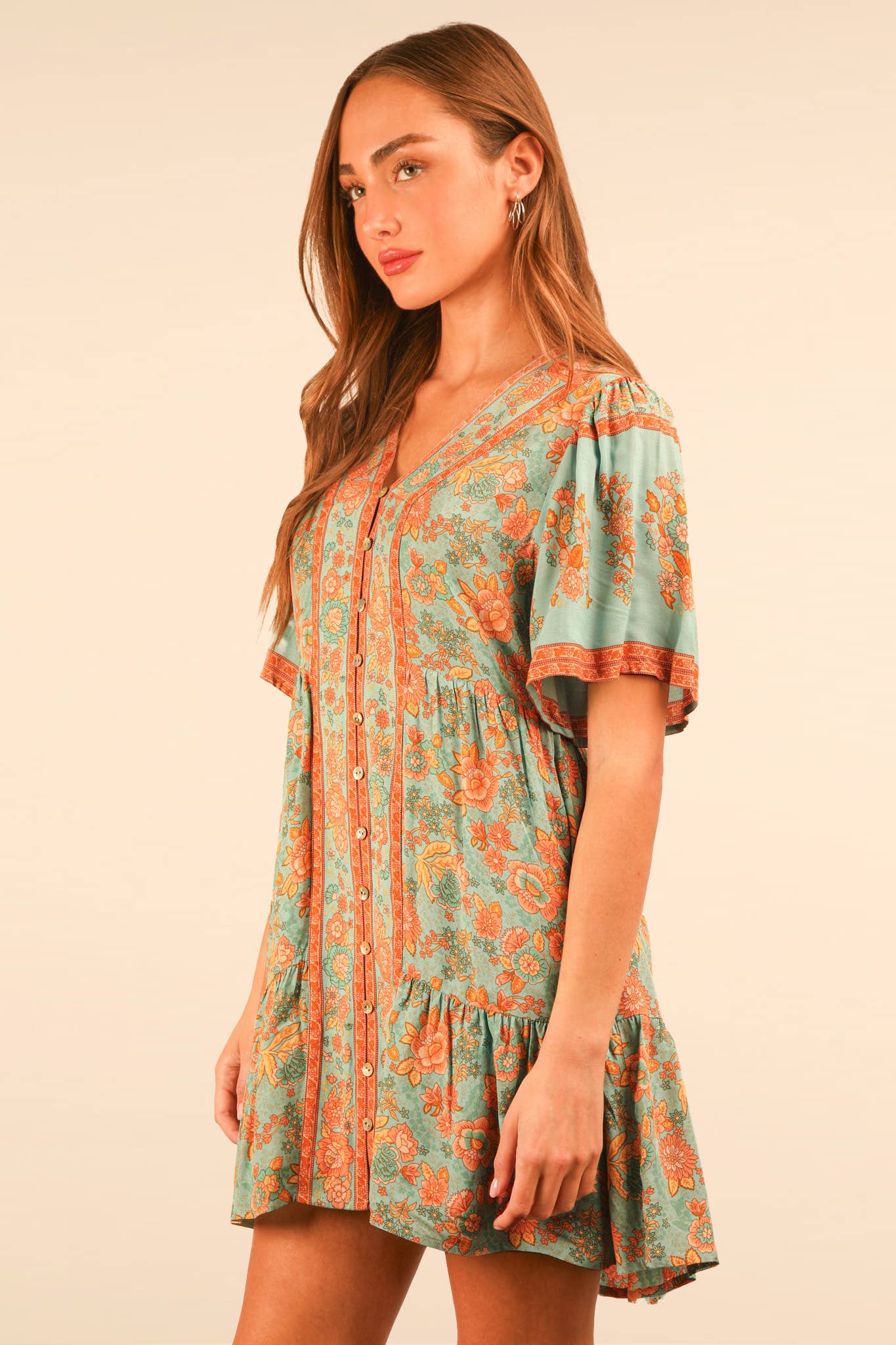 Shirring Detail Printed Woven Mini Dress