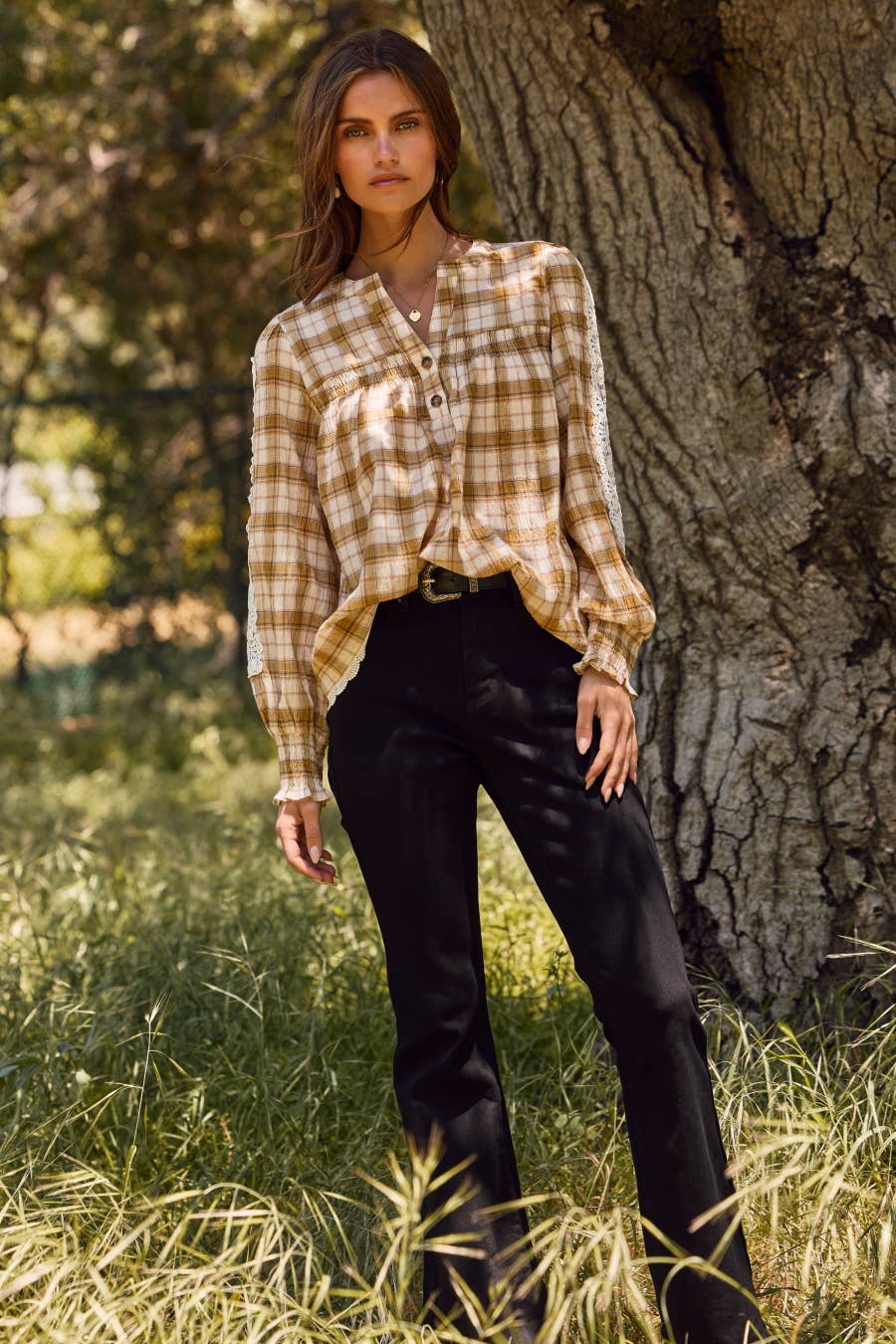 Lace& Plaid Combo Long Sleeve Blouse