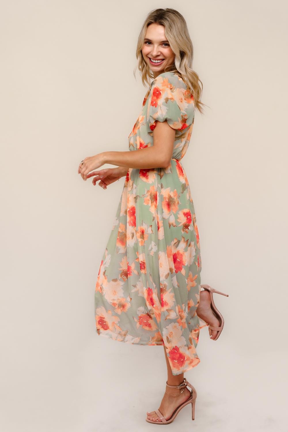 Haptics Sage Floral Chiffon Dress